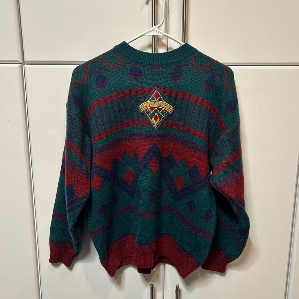 Vintage 9001 Classic Geometric Knit Sweater Mens Large Teal‎ Burgundy